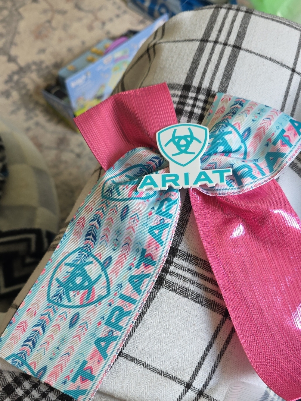 Ariat Pink and Teal Logo Ribbon Bow Hair Clip